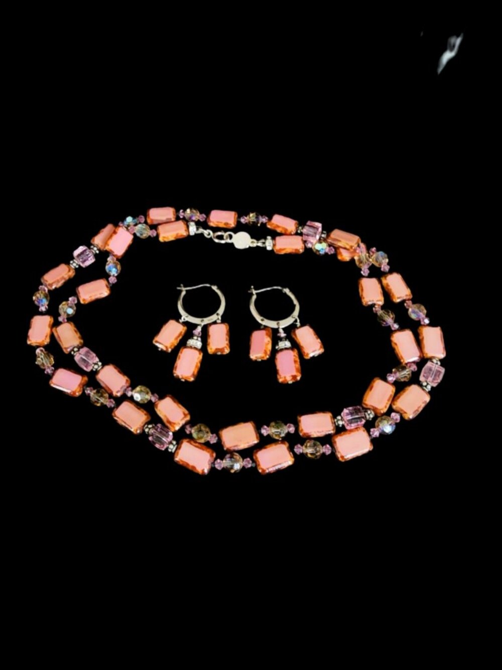 Vintage 80s LFK Lori Frantz Koenig Sterling Silver Czech Glass Salmon Pink Set